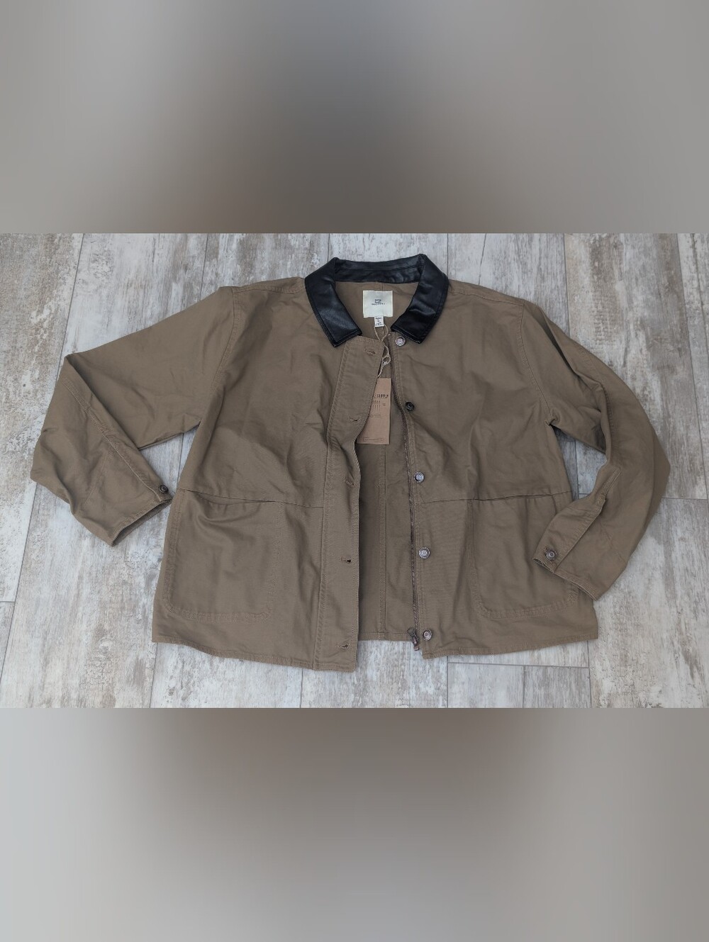 Men's Khaki Jacket with Black Leather Collar Unisex Cotton Jacket